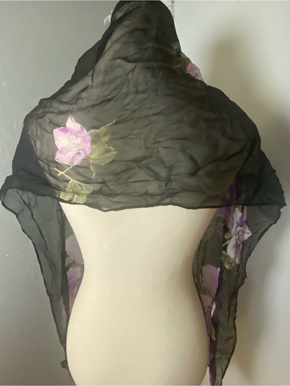 Y2K 100% Silk Purple & Black Floral Chiffon Beaded Scarf - Picture 8 of 10